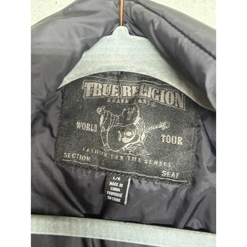 True Religion Y2K Mens Black Quilted Puffer Bomber Jacket Size Large w tear flaw